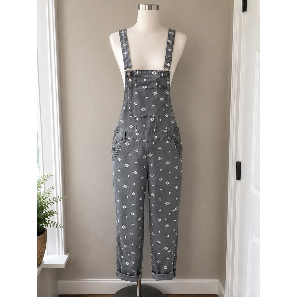 Hollister Gray Geometric Print Denim Overall Slim Fit Size Small Gray White Teal